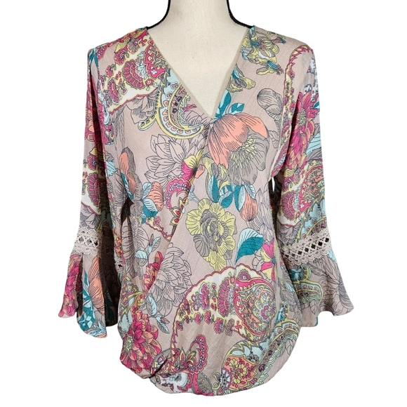 Spense Wrap Front Flutter Sleeve Paisley Blouse,Multi Floral/Paisley, Medium - Picture 1 of 11